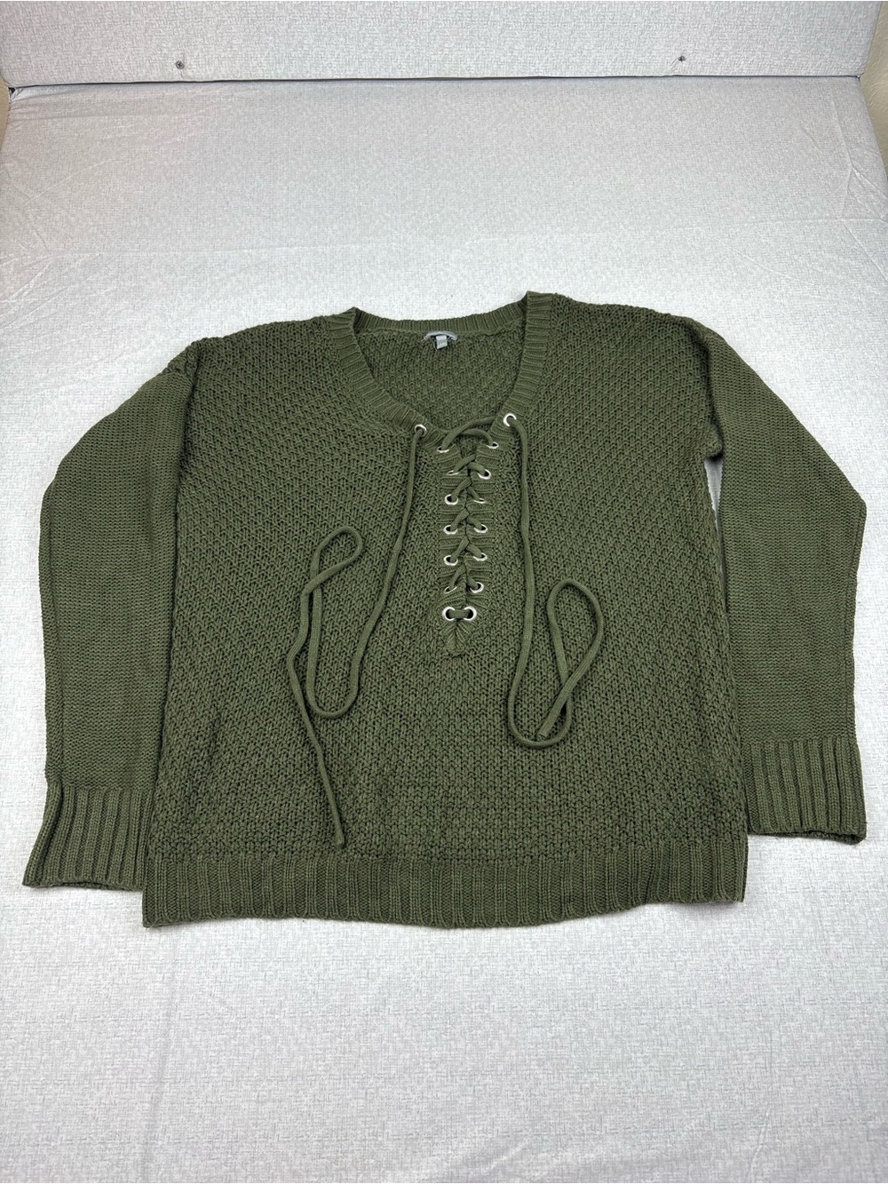 Charlotte Russe Olive Green Lace-Up V-Neck Sweater